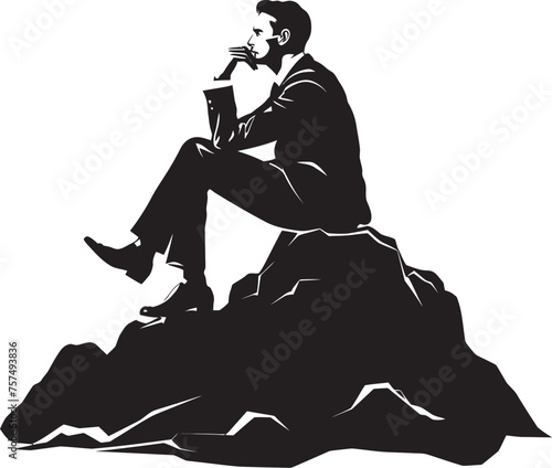 ZenPinnacle Solitary Figure Resting on Mountain Black Icon HighlandHorizon Serene Man Amidst Mountain Rock Emblem