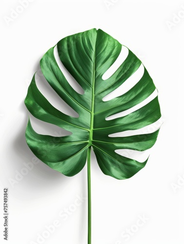 A large green leaf set against a plain white backdrop, showcasing its vibrant color and intricate veins.