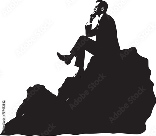 CliffCalm Seated Man Absorbing Nature on Mountain Rock Icon SummitSerenity Tranquil Scene of Man on Mountain Rock Vector photo