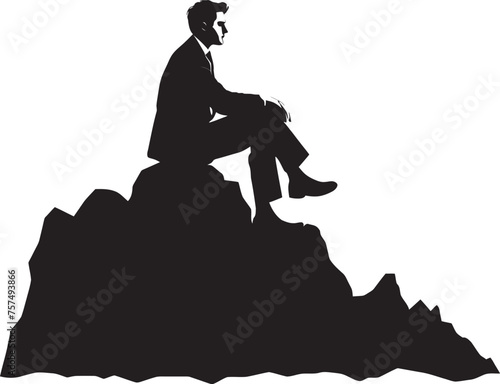 AlpineAbyss Man Absorbed in Nature on Mountain Rock Logo PeakPeace Man Finding Serenity on Mountain Rock Vector