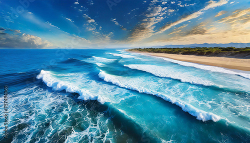Blue water waves. Tropical sea coast. Beautiful natural seascape. Summer vacation.