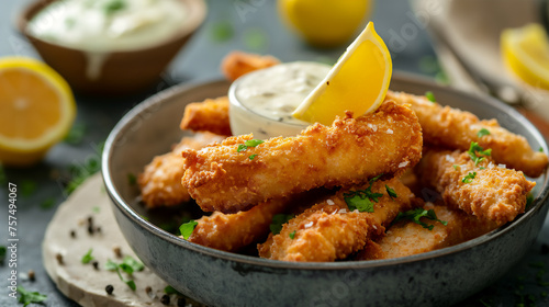 Golden, crispy fish sticks served with tartar sauce and a wedge of lemon, garnished with fresh parsley