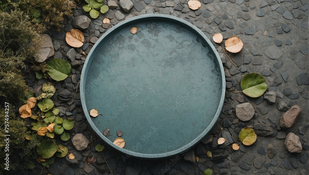 Top view flat lay circle stone podium over a puddle of water
