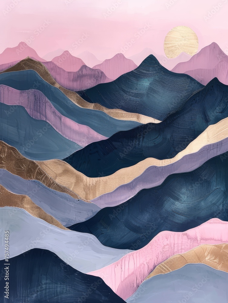 A painting depicting towering mountains under a pink sky.