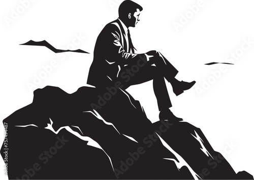 ZenithZephyr Serene Man Perched on Mountain Rock Emblem SummitSerenity Black Logo Icon of Man Absorbing Nature on Mountain Rock photo