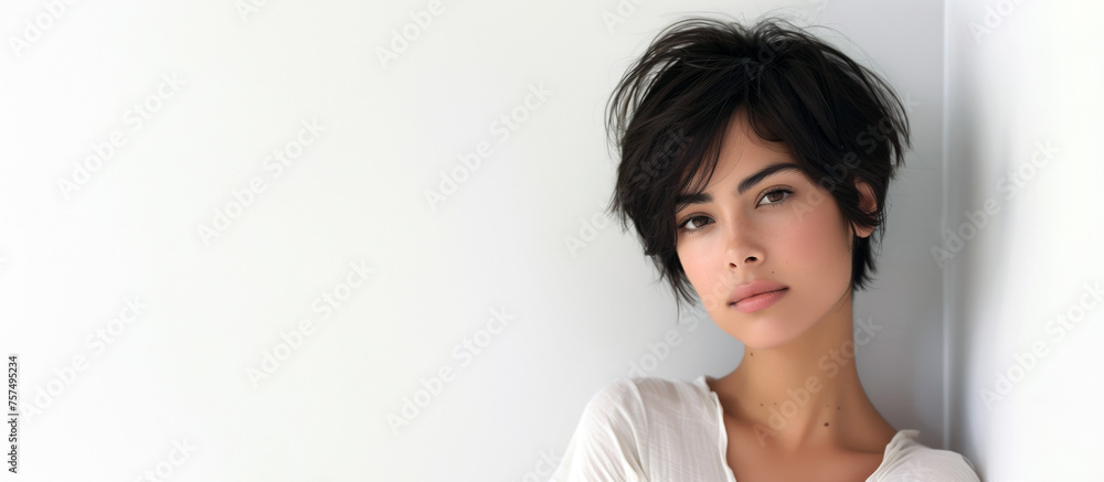 Portrait attractive young dark haired white model pixie cut plain white background, fashion concept, copy space. Portrait attractive young dark haired white model pixie cut plain white background, fashion concept, copy space.