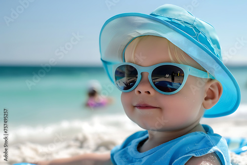 Little Boy Wearing Sunglasses and Blue Hat