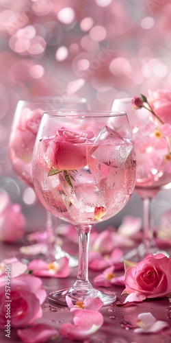 beautiful pink cocktail for refreshment with ice and berries