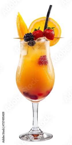 sweet tropical cocktail with fruits isolated on a white background