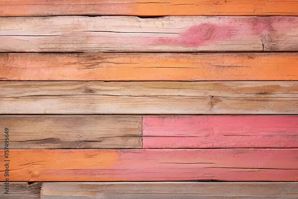Naklejka premium orange and pink and brown and white and dark used outdoor weathered old dirty wood wall wooden plank board texture background