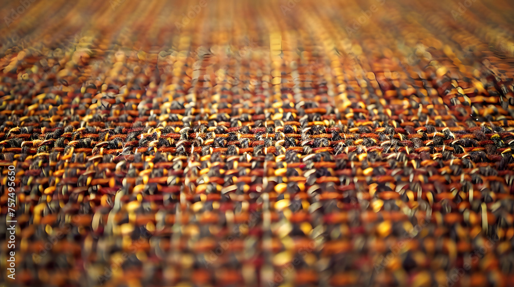 An intricate image showcasing the weave of a fabric with warm, autumnal tones, conveying a sense of warmth and comfort An intricate image showcasing the weave of a fabric with warm, autumnal tones, conveying a sense of warmth and comfort