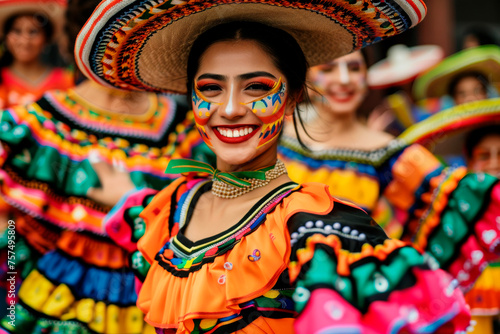 beautiful happy dancing young woman in traditional mexican outfit and sombrero hat on holiday Cinco De Mayo Festive