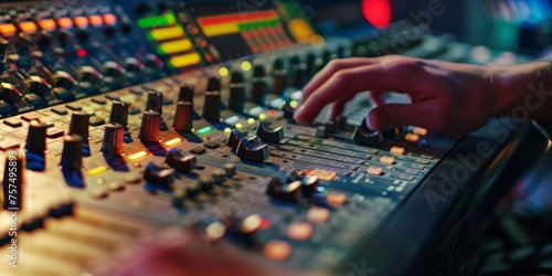 Close up of an audio mixing console at a live event, with focus on the mixer's hands adjusting controls.