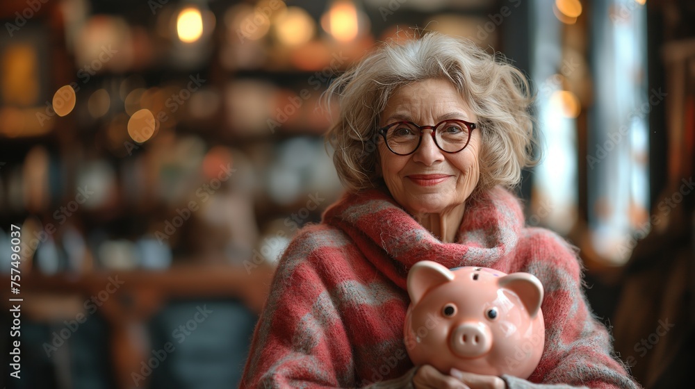 close up portrait of happy elderly woman with pink piggy bank, happy retirement, financial planning for silver gen, Generative Ai - obrazy, fototapety, plakaty 