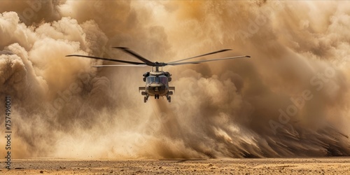 Military helicopter landing in a sandy area, causing a large dust cloud. photo