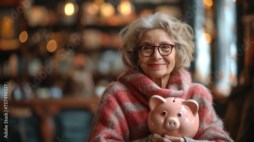 close up portrait of happy elderly woman with pink piggy bank, happy retirement, financial planning for silver gen, Generative Ai photo