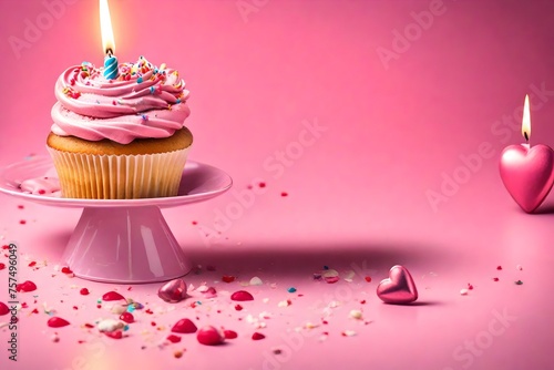 Birthday cupcake with candle light on a pink background. Cake with whyte cream and heart. Festive dessert and congratulations. Happy Birthday. photo