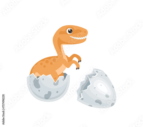 Cute newborn dinosaur hatched from egg. Vector flat cartoon illustration.