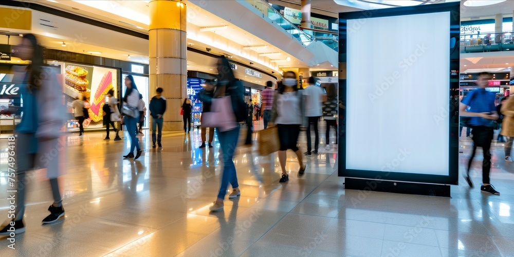 Blank advertisement board in a busy shopping mall with motion blurred people.