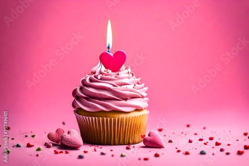 Birthday cupcake with candle light on a pink background. Cake with whyte cream and heart. Festive dessert and congratulations. Happy Birthday.