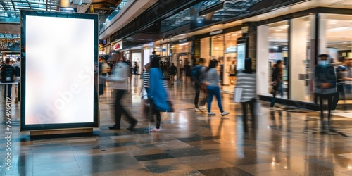 Blank advertisement board in a busy shopping mall with motion blurred people.