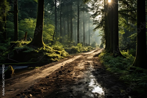 Sunlight filters through trees onto dirt road in forest