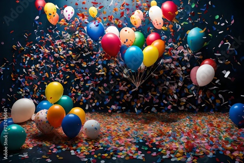 A riot of colorful confetti and balloons, bursting forth from a central space against a backdrop of dark blue velvet.
