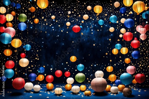 Colorful paper lanterns floating gracefully amidst a sea of stars, forming an enchanting frame for a birthday celebration against a backdrop of deep blue velvet.