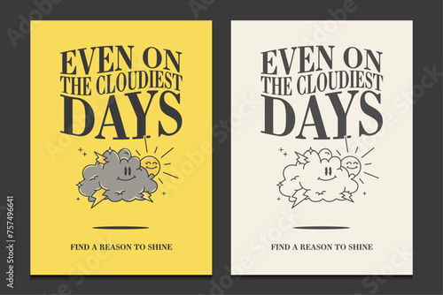 retro posters with a cloud and sun cartoon character, vector illustration 
