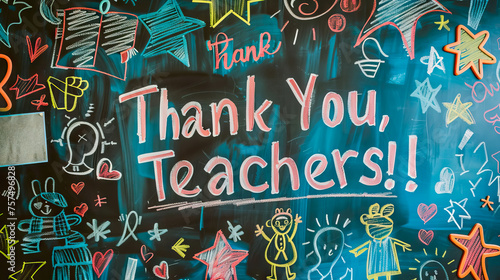 Thank You  Teachers  words in chalkboard  surrounded by drawings and messages of gratitude from students for National Teacher Appreciation Day.