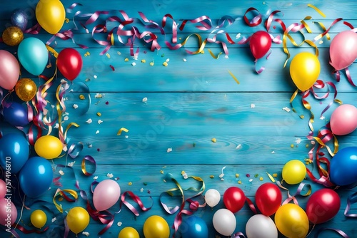An array of vibrant balloons and streamers surrounding a central space on a textured blue wooden background, forming a joyful frame that sets the stage for a memorable celebration.