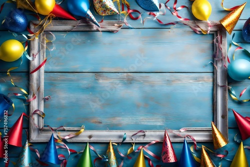 A cheerful arrangement of party hats, balloons, and streamers creating a whimsical frame around a central area on a weathered blue wooden backdrop, capturing the festive spirit of a special occasion.