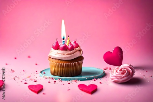 Birthday cupcake with candle light on a pink background. Cake with whyte cream and heart. Festive dessert and congratulations. Happy Birthday.