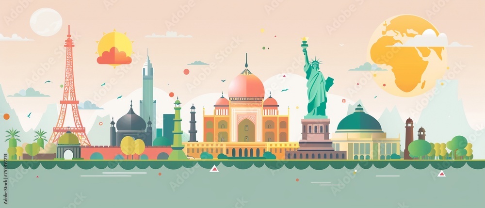 Capture a cartoon-style photo featuring iconic landmarks from around the world such as the Eiffel Tower Capture a cartoon-style photo featuring iconic landmarks from around the world such as the Eiffel Tower