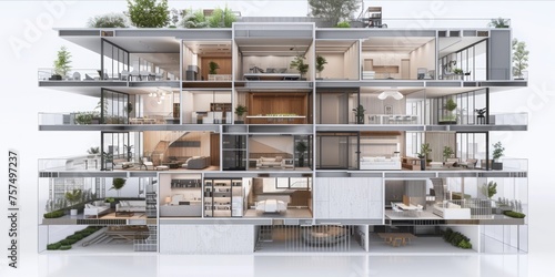 Cross section of a multi story residential building with architectural plans visible.