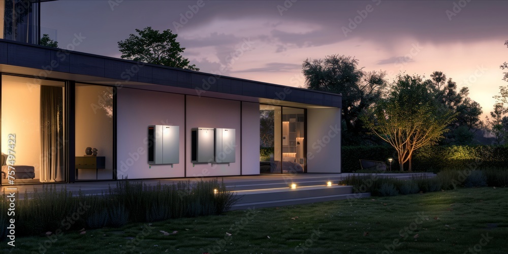 Home exterior with wall mounted battery storage units during dusk.