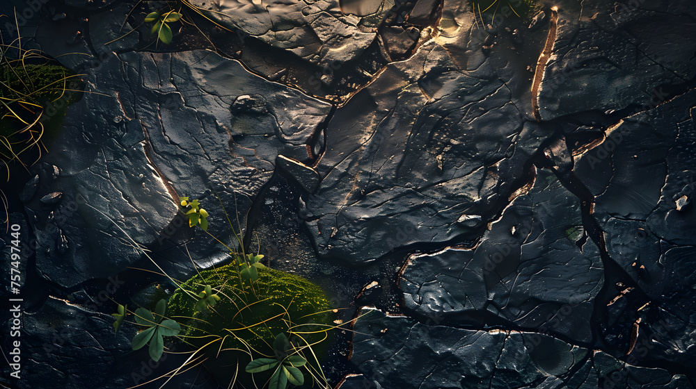 A serene nature close-up showing wet rocks with moss and sunlight reflections, conveying a sense of tranquillity