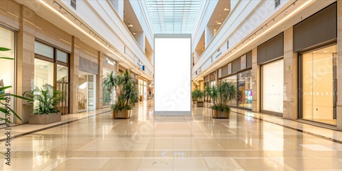 A blank advertising banner inside a spacious shopping mall with plants and natural lighting.