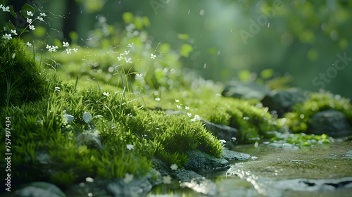 Close-up of fresh green grass and wildflowers with pristine raindrops  conveying renewal and the simplicity of nature