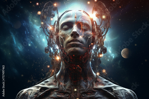 Sci-fi, technology concept. Advanced artificial intelligence male robot close-up portrait. Bio-mechanical or android humanoid man portrait in surreal cosmos background with copy space
