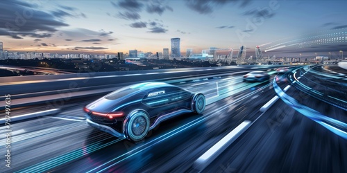 Concept autonomous cars on a futuristic city highway with digital interface. photo