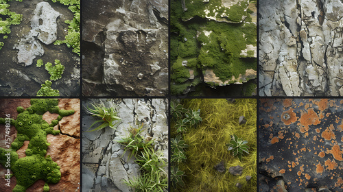 An array of unique stone textures adorned with patches of moss and delicate foliage photo