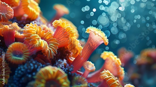 Vibrant Reef Ecosystem Corals Capturing Marine Organisms in Calcium Carbonate Structures photo