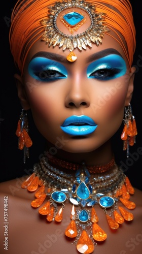 Portrait of a girl with blue makeup and jewelry. The girl s face with modern makeup and jewelry
