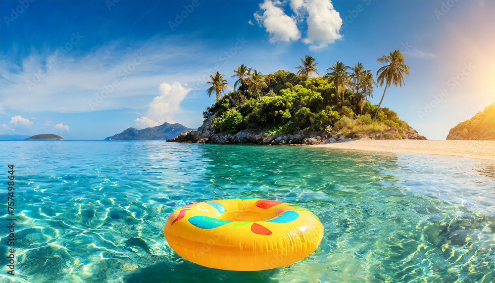 Yellow inflatable ring floating along sandy beach. Tropical sea coast. Summer vacation at the ocean. - obrazy, fototapety, plakaty 