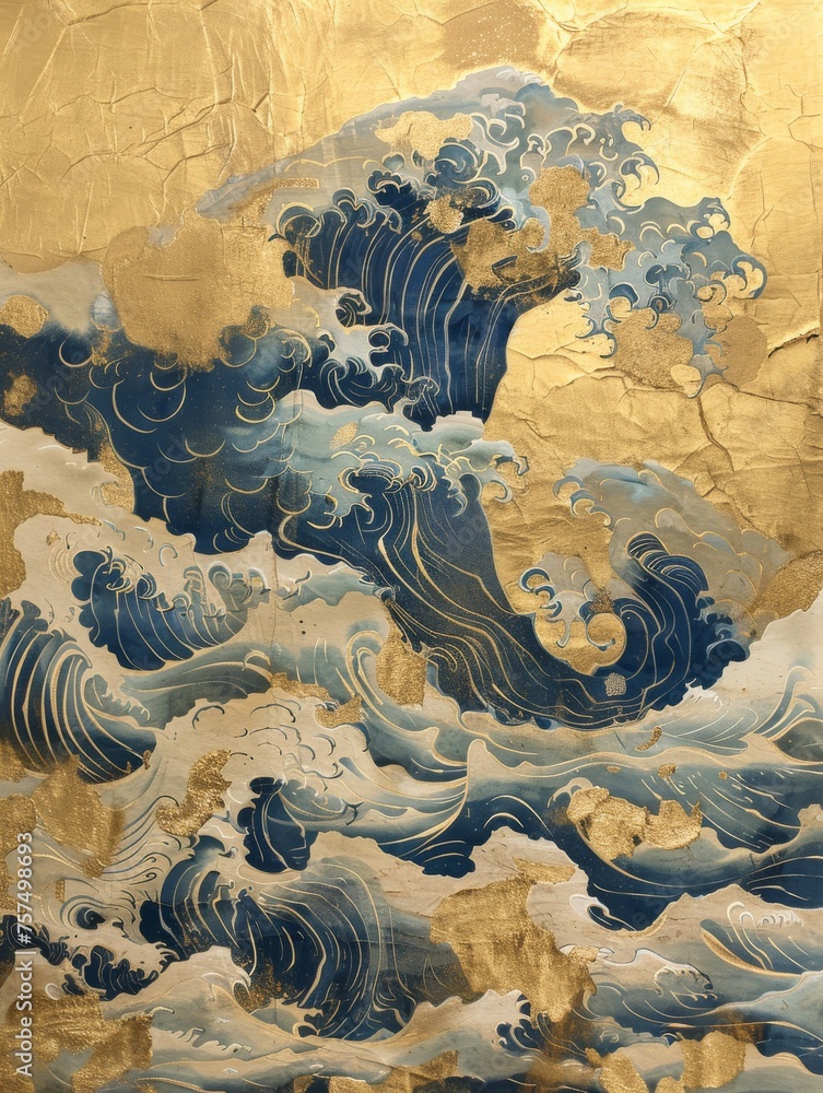 Fototapeta premium A painting featuring waves depicted in gold and blue colors, capturing the motion and energy of the sea.