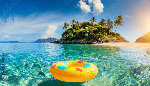 Yellow inflatable ring floating along sandy beach. Tropical sea coast. Summer vacation at the ocean. photo