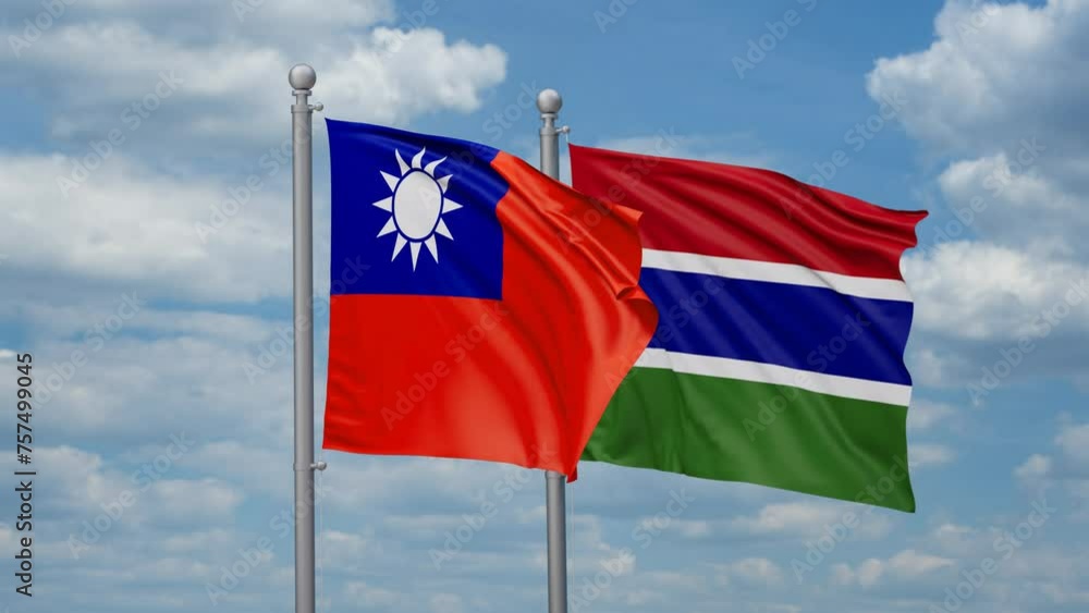 Gambia and Taiwan two flags waving together, looped video, two country relations concept Gambia and Taiwan two flags waving together, looped video, two country relations concept