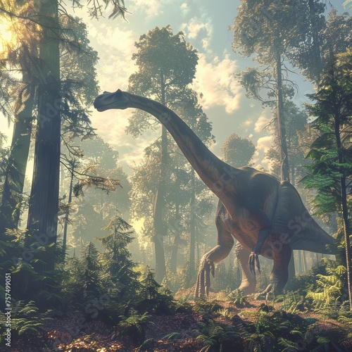 A realistic diplodocus dinosaur walks in a prehistoric forest 