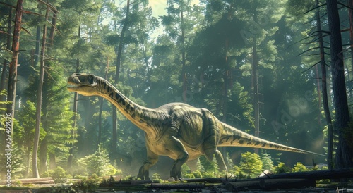 A realistic diplodocus dinosaur walks in a prehistoric forest  © Olga